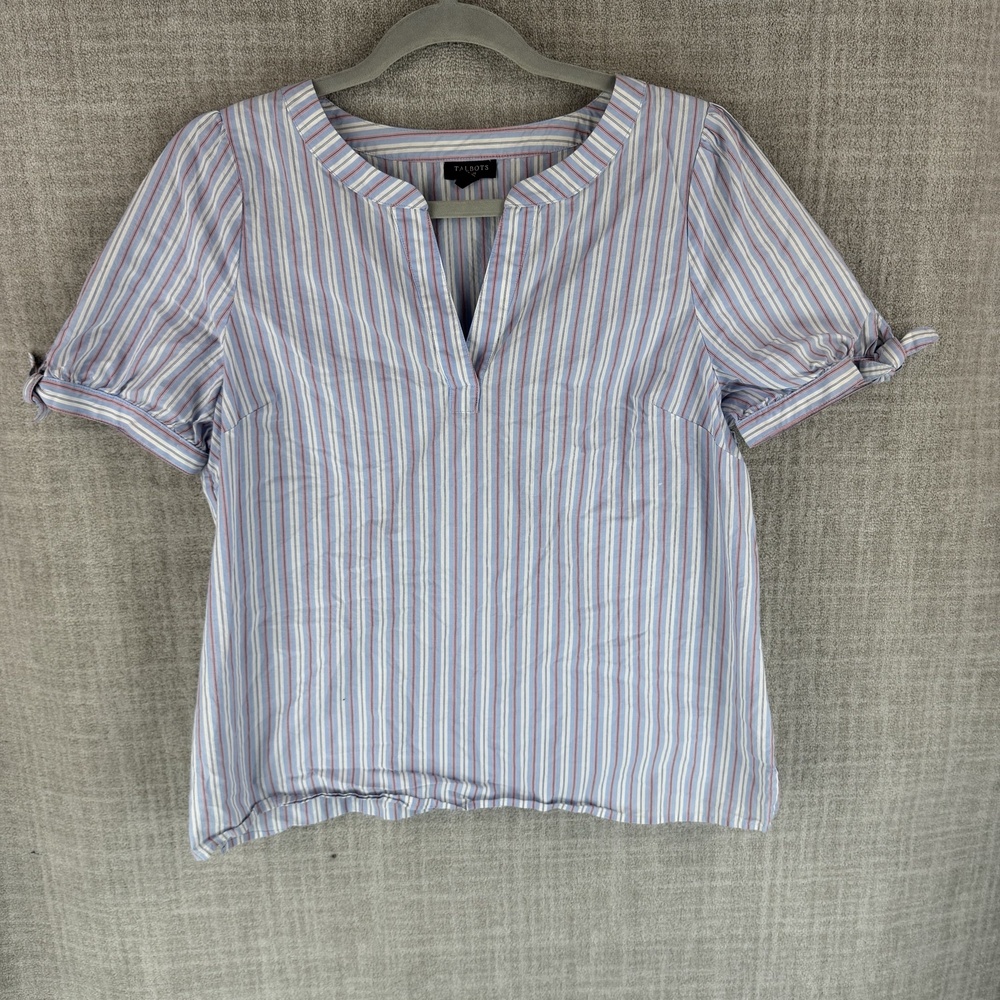Talbots Blouse Womens PL Blue Striped V-Neck Short Sleeve Bow Accent Casual